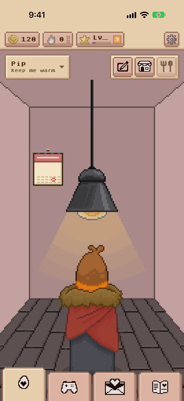 A pixel egg waiting to hatch in a cosy room