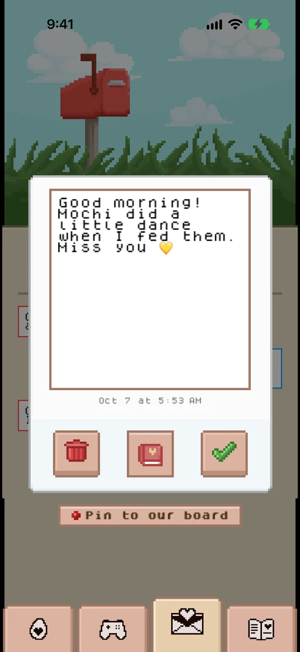 A handwritten pixel letter from a partner