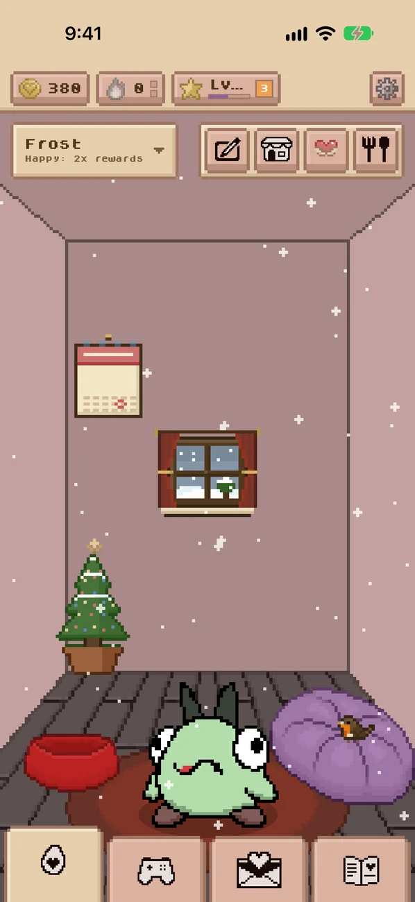 A snowy winter room with a little tree and a robin